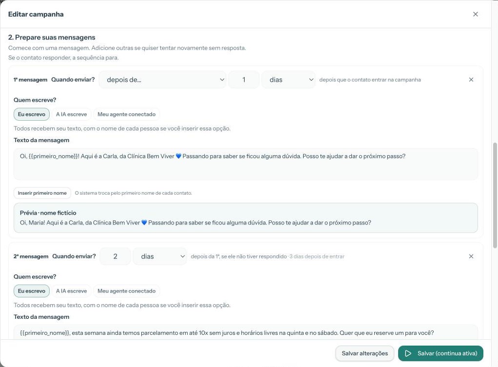 Editor da sequência de mensagens do follow-up